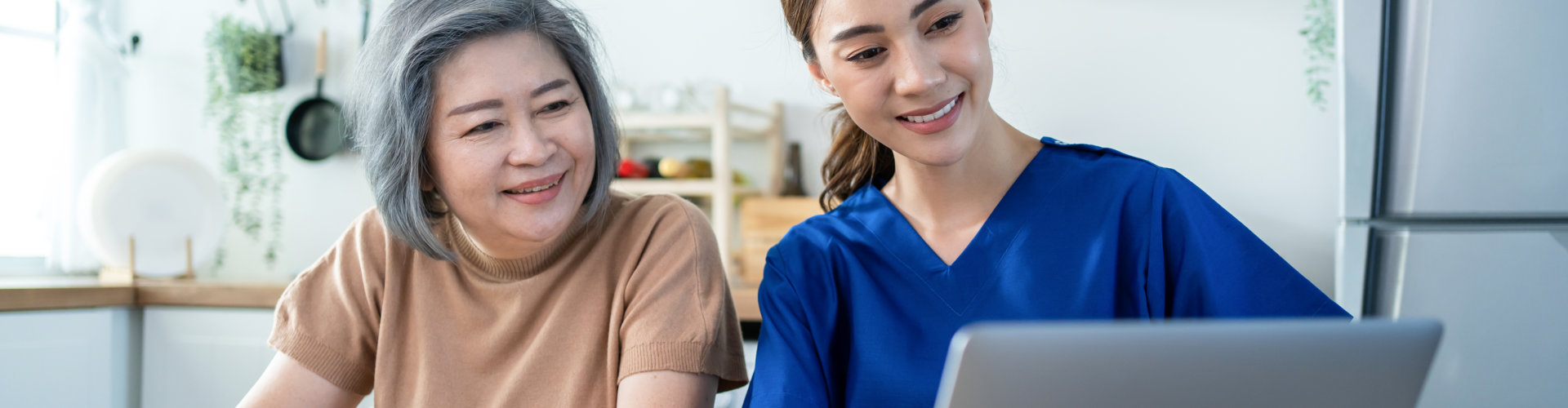 caregiver and elderly woman looking at the laptop